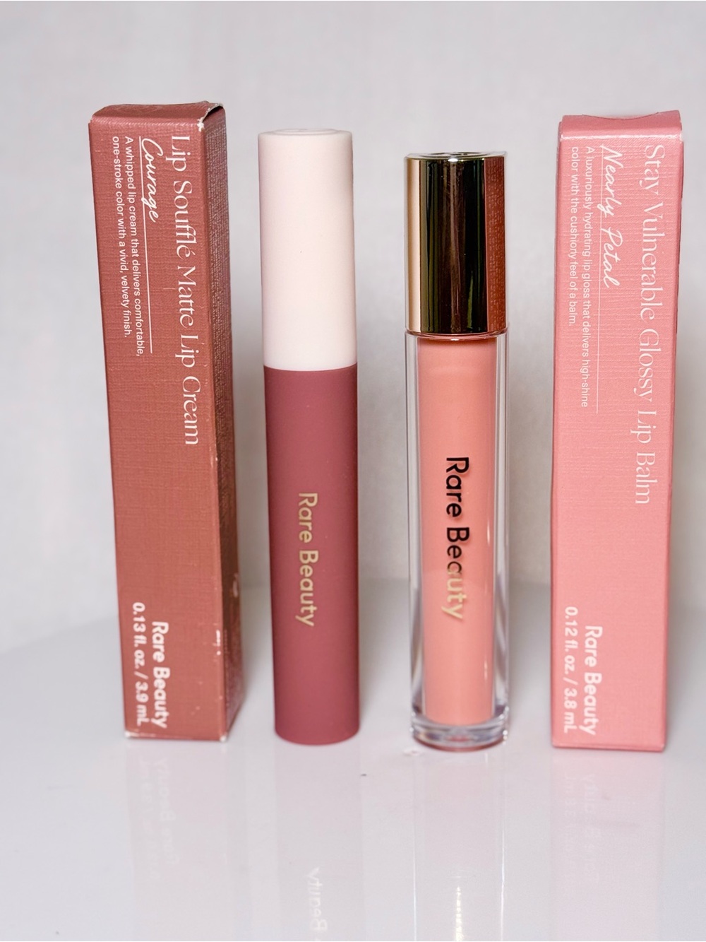rare beauty glossy lip balm set of 2  courage lip cream & nearly petal lip balm